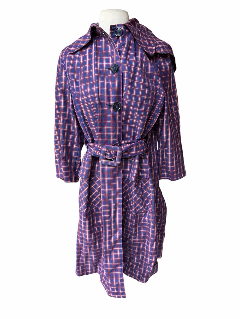 1960s Stagg Water Repellent Tartan Plaid Hooded Trench Coat